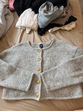 GAP Women's Light Gray Bouclé Cardigan with Gold Buttons